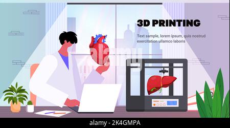 doctor holding human transplantation organ models prints on 3d bio printer medical printing biological engineering bioprinting Stock Vector