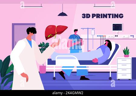 doctor holding human transplantation liver organ model prints on 3d bio printer medical printing biological engineering Stock Vector
