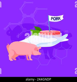 scientist hand holding cultured red raw pork made from animal cells artificial lab grown meat production concept Stock Vector