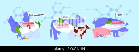 set scientist hand holding cultured red raw chicken meat veal and pork made from animal cells artificial lab grown meat production Stock Vector