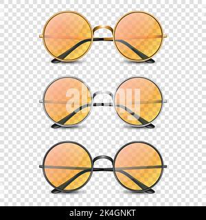Vector 3d Realistic Round Frame Glasses Set with Orange Glass isolated, Transparent Sunglasses for Women and Men, Accessory. Optics, Lens, Vintage Stock Vector