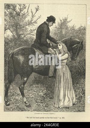 19th century, a young woman riding a horse on a side-saddle in an ...