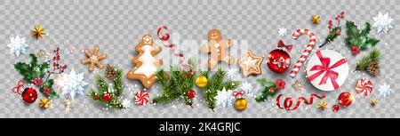 Cheerful holiday with gingerbread and Christmas decorations. Balls, stars, gingerbreads, fir tree branches isolated. Winter holiday banner Stock Vector