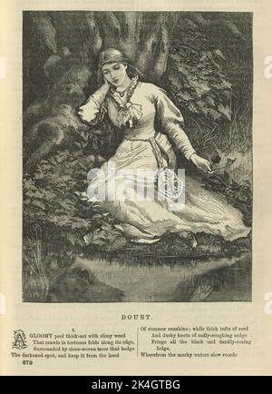 Illustrated Victorian poem, Doubt, Young woman deep in though by a stream, Poetry, 1870s, 19th Century Stock Photo