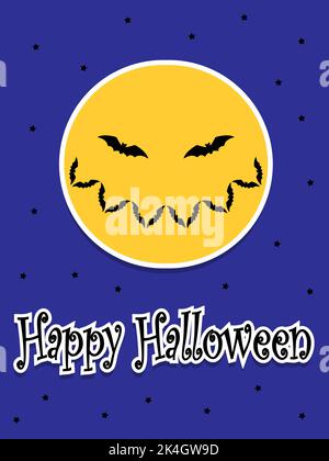 Halloween postcard. Smiling moon. Bat smile. Cartoon flat vector illustration. Stock Vector