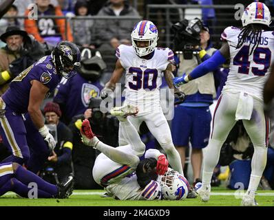 Buffalo Bills safety Jordan Poyer (21) reacts to the tackle of ...