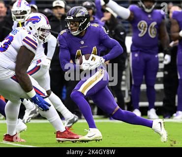 Baltimore, United States. 02nd Oct, 2022. Baltimore Ravens cornerback Marlon Humphrey (44) intercepts a Buffalo Bills pass during the first half at M&T Bank Stadium in Baltimore, Maryland, on Sunday, October 2, 2022. Photo by David Tulis/UPI Credit: UPI/Alamy Live News Stock Photo