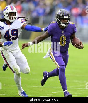 Baltimore, United States. 02nd Oct, 2022. Baltimore Ravens quarterback Lamar Jackson (8) runs out of bounds in front of Buffalo Bills linebacker Tremaine Edmunds (49) during the first half at M&T Bank Stadium in Baltimore, Maryland, on Sunday, October 2, 2022. Photo by David Tulis/UPI Credit: UPI/Alamy Live News Stock Photo