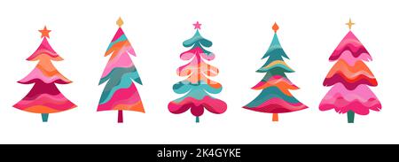 Colorful Retro Christmas Trees Collection for New Year 2023 Stock Vector