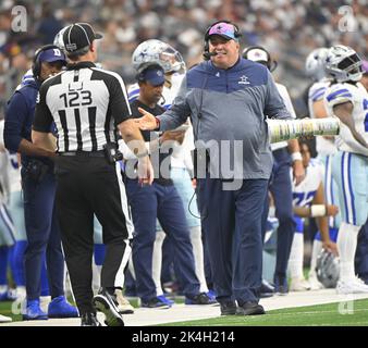 Arlington, United States. 02nd Oct, 2022. Dallas Cowboys head coach Mike McCarthy argues a call during an NFL game at AT&T Stadium in Arlington, Texas on Sunday, October 2, 2022. Photo by Ian Halperin/UPI Credit: UPI/Alamy Live News Stock Photo