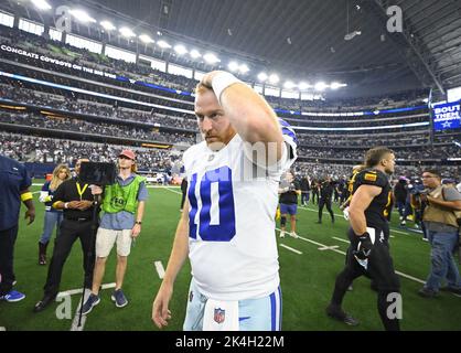 Arlington, United States. 02nd Oct, 2022. Dallas Cowboys quarterback Cooper Rush walks off the field after leading his team to a 25-10 win over the Washington Commanders in their NFL game at AT&T Stadium in Arlington, Texas on Sunday, October 2, 2022. Photo by Ian Halperin/UPI Credit: UPI/Alamy Live News Stock Photo