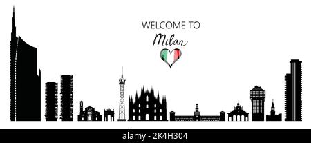 Milan city famous place travel set. Italy, architectural tourist landmark silhouettes. Historic buildings and modern skyscrapers. Italian touristic ci Stock Vector