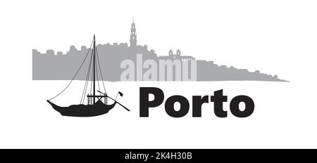 Portugal city Porto horizontal banner. Lettering Porto with traditional Portuguese boat and cityscape skyline silhouette Stock Vector