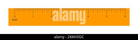 6 inches orange plastic or wooden ruler isolated on white background. Math or geometric tool for distance, height or length measurement with markup and numbers. Vector flat illustration Stock Vector