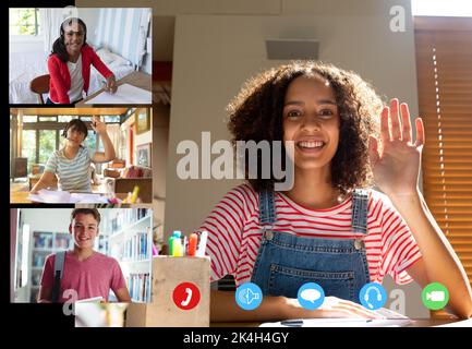 Video call interface with diverse female teacher and schoolchildren on ...