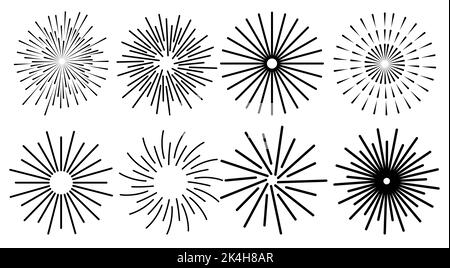 Fireworks black line set. Celebration fire firework christmas new year pyrotechnics firecracker, night festival, birthday party. Vintage sunburst bursting sun rays. Radial light beams salute sparks Stock Vector