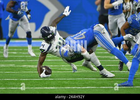 DETROIT, MI - OCTOBER 02: Detroit Lions linebacker Malcolm Rodriguez (44) takes Seattle Seahawks WR DK Metcalf (14) to the ground during the game between Seattle Seahawks and Detroit Lions on October 2, 2022 at Ford Field in Detroit, MI (Photo by Allan Dranberg/CSM) Credit: Cal Sport Media/Alamy Live News Stock Photo