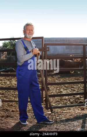 Male mature worker near paddock on farm Stock Photo