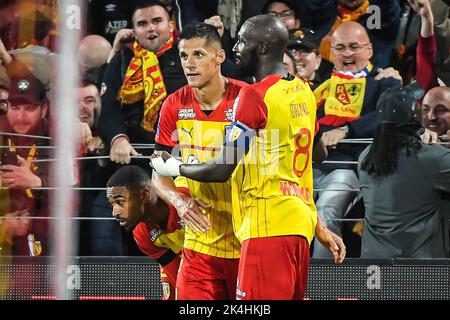 President Joseph Oughourlian of RC Lens pictured celebrating with Florian  Sotoca (7) of RC Lens and Seko Fofana (8) of RC Lens after winning a soccer  game between t Racing Club de