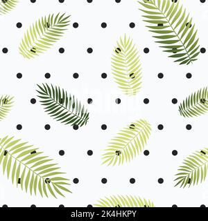 Digitally generated illustration of colorful tropical leaves over black row of dots on white background. tropical botanical elements illustration conc Stock Photo