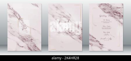 Wedding invitation card template luxury design with gold frame and marble texture background Stock Vector
