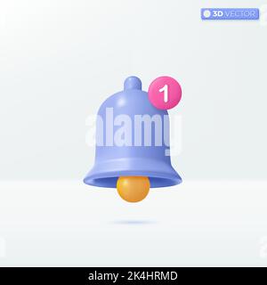 Notification message bell icon symbols. internet message, receive email, sms concept. 3D vector isolated illustration design. Cartoon pastel Minimal s Stock Vector