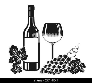 Wineglass and bottle, grape bunch engraving composition. Wine stamp products, vine grapes vintage ink shape hand drawn design. Champagne bottles alcohol bar, advertisement spirits design for cafe Stock Vector