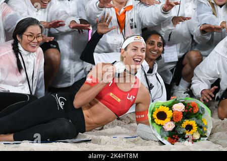 Paris, France. 02nd Oct, 2022. Tina Graudina of Latvia during the volleyball Beach Pro Tour Elite 16, at Roland-Garros stadium, in Paris, France on October, 2, 2022. Credit: Victor Joly/Alamy Live News Stock Photo