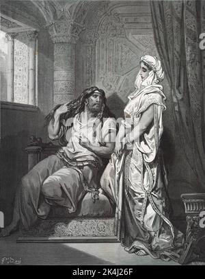 Samson and Delilah (Dalila). Illustration by Gustave Dore from the third edition of the Bible translated by Ludwig Philippson, 1870, Stuttgart, Germany. The original illustrations were created in the period 1850-1853. Stock Photo