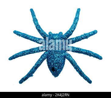 Glitter Blue Spider Halloween Decoration Isolated on White Background Stock Photo