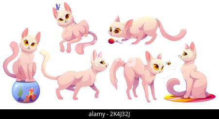 Set of funny white cats cartoon characters, adorable home pets. Cute kittens playing with clew, catch butterfly or bee, sit on aquarium. Naughty feline animal lifestyle, petcare, Vector illustration Stock Vector