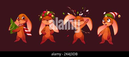 Set of Christmas bunnies isolated on background. Vector illustration of cartoon animals with New Year tree, throwing confetti, playing with snow, wearing Santa Claus hat. Postcard design character Stock Vector