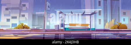 City bus stop at rainy weather, commuter station for transport under autumn stormy rain on cityscape view. Glass shelter with bench on wet roadside with zebra and puddles, Cartoon vector illustration Stock Vector