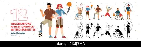 Set of athletic people with disabilities. Paralympic disabled athletes characters with body injuries. Men and women on wheelchair or prosthesis. Linear flat vector color and monochrome illustration Stock Vector