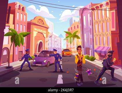 City street with characters on road, policemen, robber with stolen gold ring, discouraged puppeteer man with dolls on ropes. Game or book scene with funny personages, Cartoon vector illustration Stock Vector