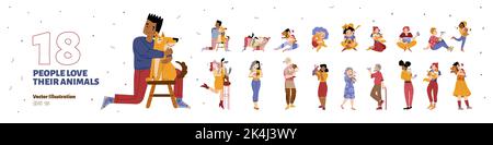 Diverse people love their pets isolated on white background. Happy domestic animals owners hug dogs and cats, hold rabbit, lizard and parrot, vector flat illustration Stock Vector
