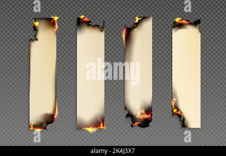 Burning paper png set isolated on transparent background. Realistic collection of long sheets on fire, uneven edges damaged by flame, black from ashes. Evidence elimination. Last minute deal concept Stock Vector