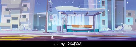 Empty bus stop in winter city. Cartoon vector illustration of public transport station covered with snow against urban architecture background. Snowfall in town street with modern buildings and road Stock Vector