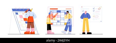 Tasks schedule business concept with people making notes and planing affairs in calendar or todo list for month or week. Work, important events, meetings and job plan Line art flat vector illustration Stock Vector