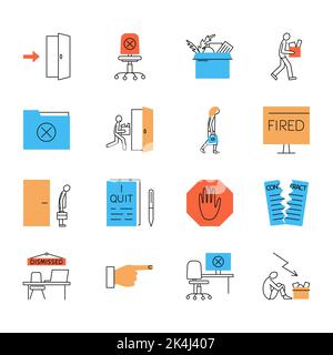 Dismissal icon set in colored line style. Resignation, leaving job symbols. Vector illustration. Stock Vector