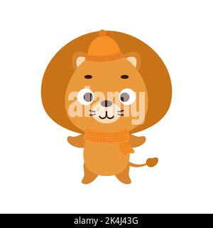 Cute little lion in hat and scarf. Cartoon animal character for kids t-shirts, nursery decoration, baby shower, greeting card, invitation, house Stock Vector