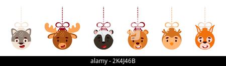 Merry Christmas and new year ball with cute wolf, moose, skunk, beaver, squirrel, owl. Collection of cartoon winter holidays animal bauble. Vector sto Stock Vector