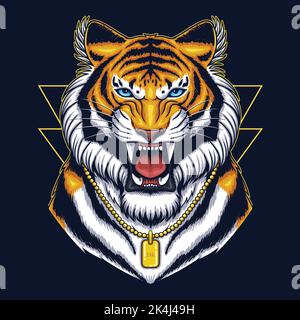 Angry tiger wearing necklace gold vector illustration Stock Vector