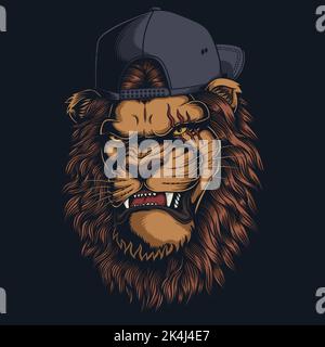 Lion angry wearing backwards hat vector illustration Stock Vector