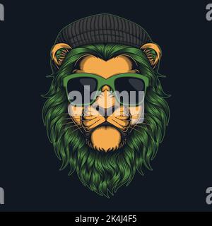 Lion fur green wearing beanie hat and glasses vector illustration Stock Vector