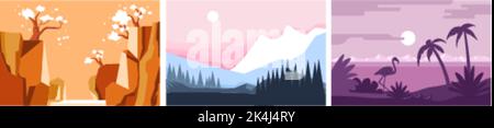 Landscapes, mountains and tropical sunset vector Stock Vector