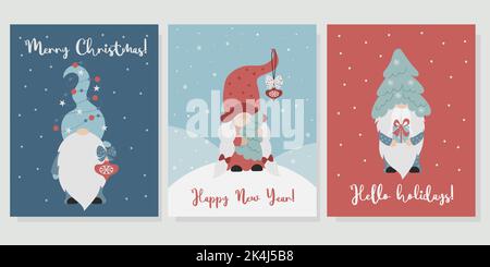 Collection Christmas holiday cards cartoon family gnomes. Cute scandinavian gnome girl and New year gnome man with Christmas tree and gift on snowy ba Stock Vector