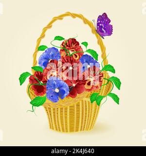 Pansies spring flowers in a basket with butterfly vector illustration Stock Vector