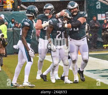 Philadelphia Eagles running back Wendell Smallwood (28) hurdles over  teammate Jason Kelce (62) during second quarter action against the Los  Angeles Chargers at StubHub Center in Carson, California on October 1, 2017.