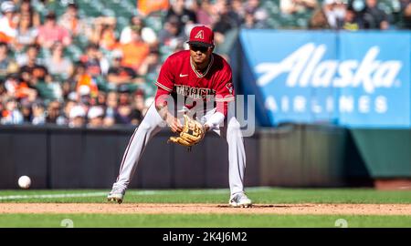 Arizona Diamondbacks' Sergio Alcantara (43) fields a grand out hit by St.  Louis Cardinals Tyler O'Neill during the fourth inning of a baseball game,  Friday, Aug. 19, 2022, in Phoenix. (AP Photo/Matt